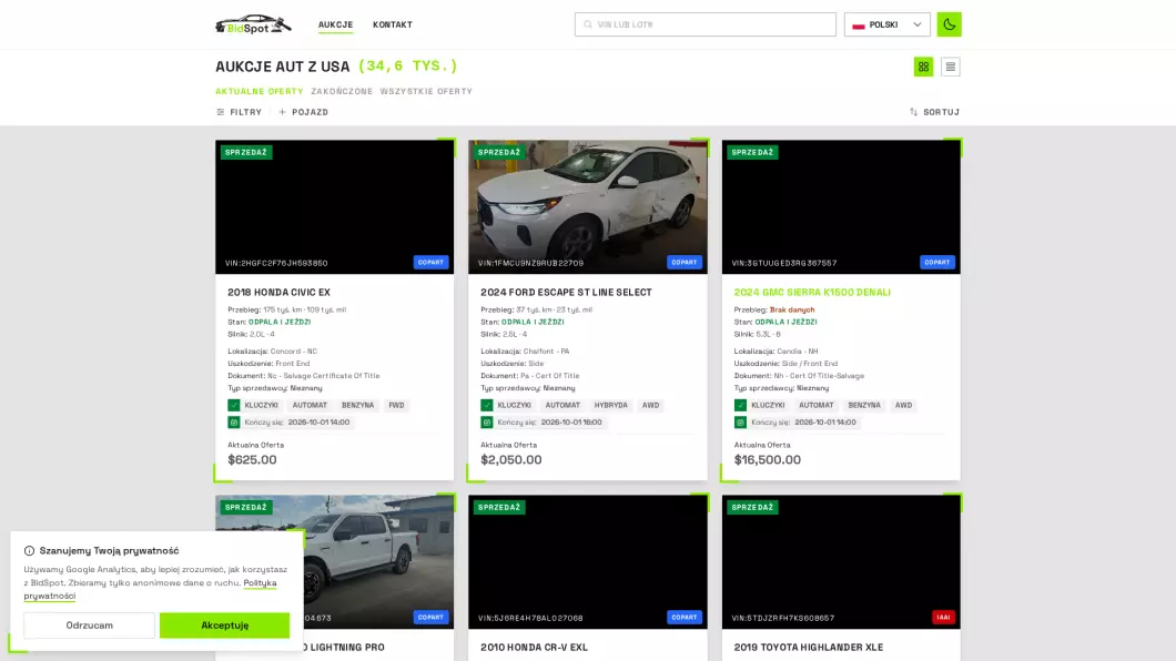 Import, sprowadzenia aut z USA | BidSpot - podgląd